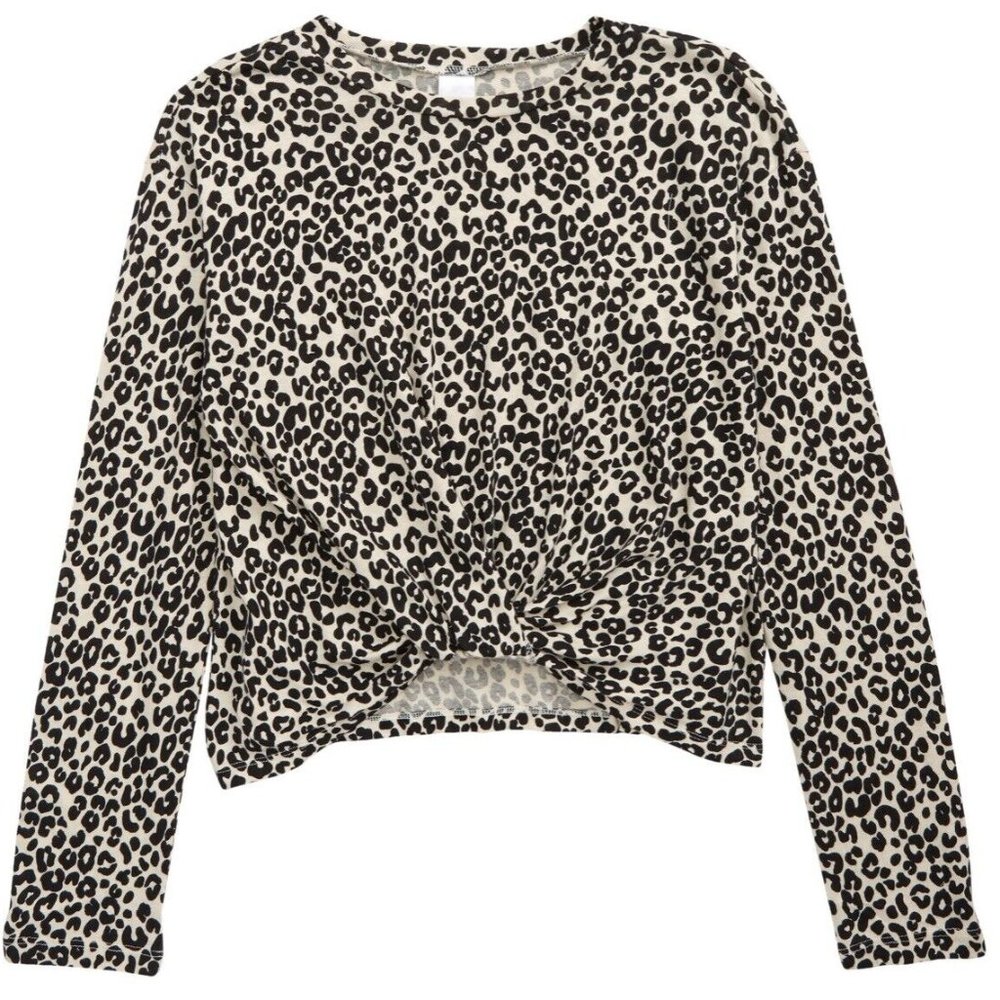 Nordstrom Girl's Twist Front Long Sleeve T-Shirt Beige Mosaic Leopard M 8/10 NWT